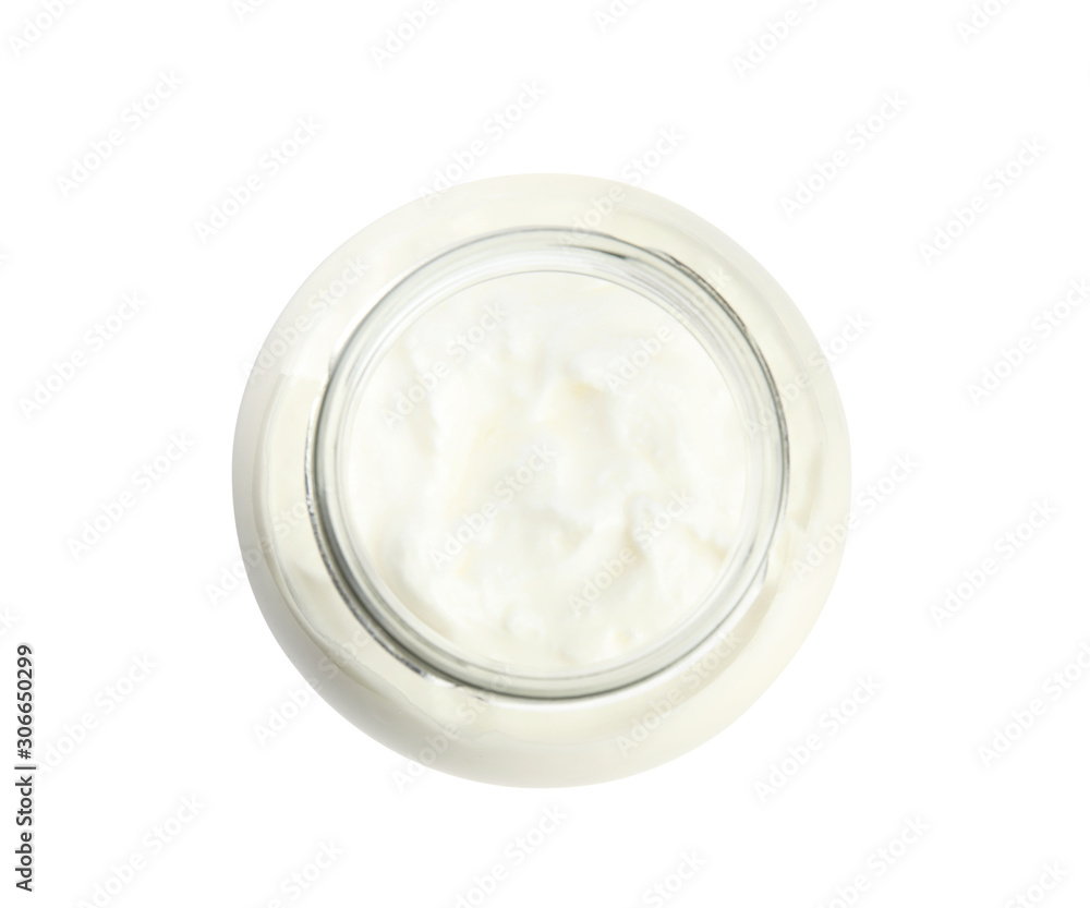 Tasty organic yogurt in glass jar isolated on white, top view Tasty organic yogurt in glass jar isolated on white, top view