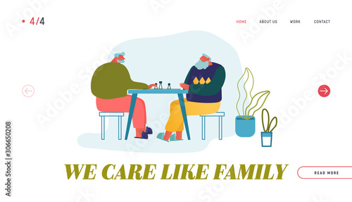 Retired People Leisure Website Landing Page. Relaxing Senior Men Playing Chess in Nursing Home. Pensioners Spend Time Together at Intellectual Game Web Page Banner. Cartoon Flat Vector Illustration