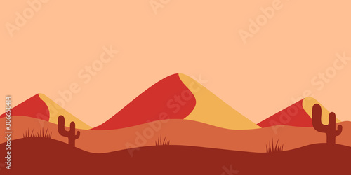 Desert landscape with cactuses and mountains in cartoon style. Design element for poster  card  banner  flyer. Vector illustration