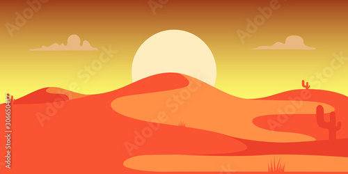 Desert landscape with cactuses and mountains in cartoon style. Design element for poster  card  banner  flyer. Vector illustration