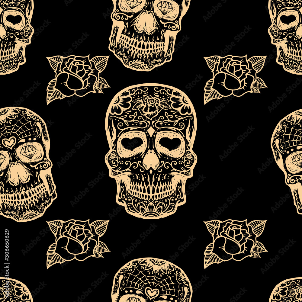 Obraz premium Seamless pattern with mexican sugar skulls and roses. Design element for poster, card, banner, clothes decoration. Vector illustration