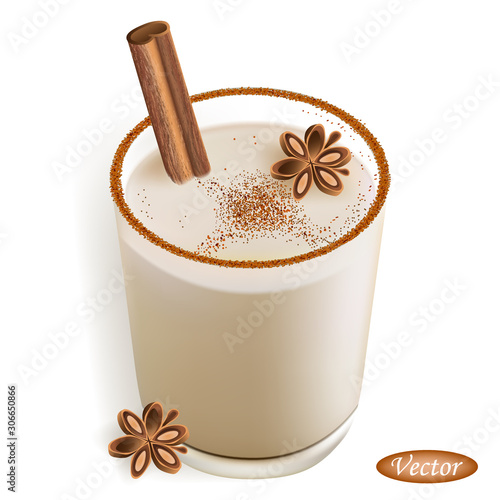 Eggnog. Realistic Christmas drink with cinnamon stick on white background. Homemade cocktail with ground cinnamon for winter Holidays. Design for paper, banners, logos, t-shirts, card and more.
