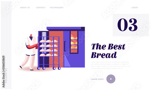 Bakehouse Factory, Website Landing Page. Worker in White Robe and Hat Rolling Trolley with Raw Loafs into Huge Oven for Baking. Bread Manufacture Web Page Banner. Cartoon Flat Vector Illustration