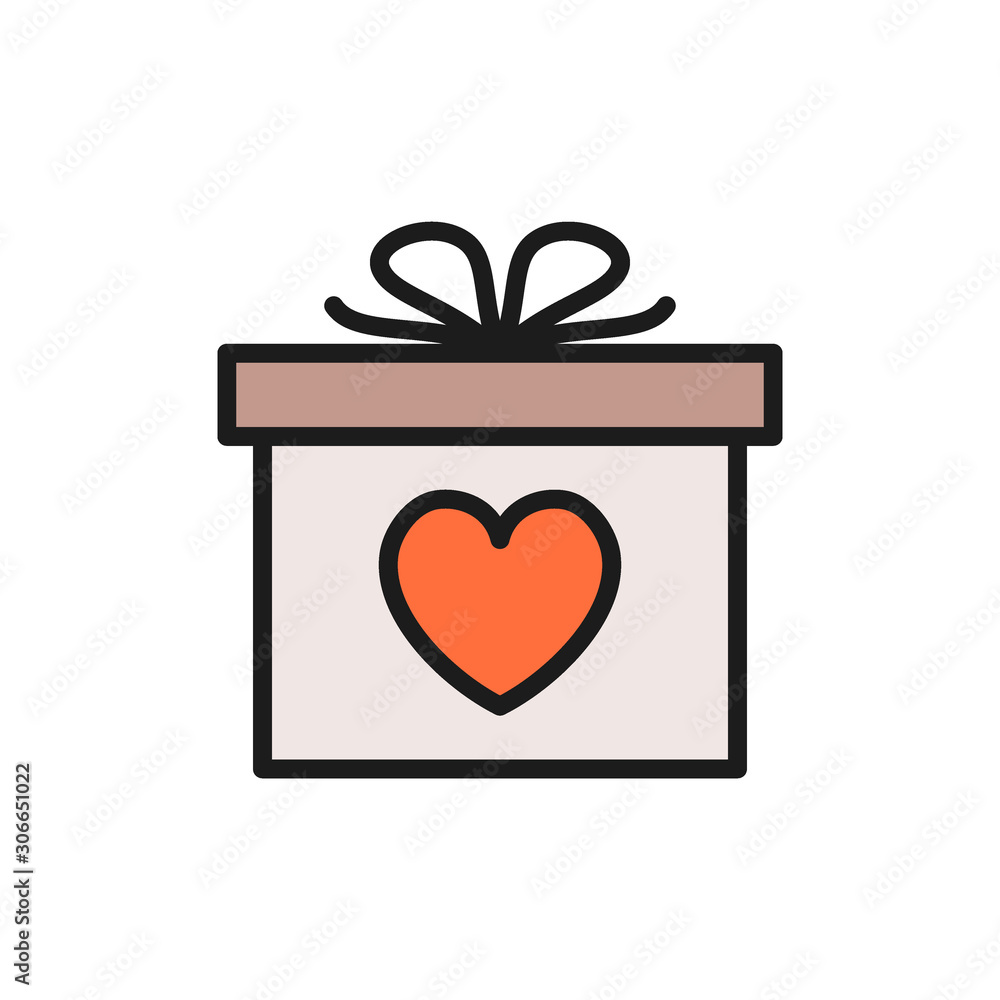 Gift with heart, valentine day flat color icon.