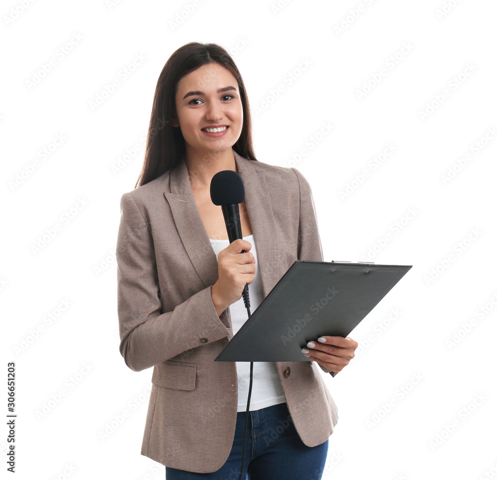 Young female journalist with microphone and clipboard on white background Young female journalist with microphone and clipboard on white background