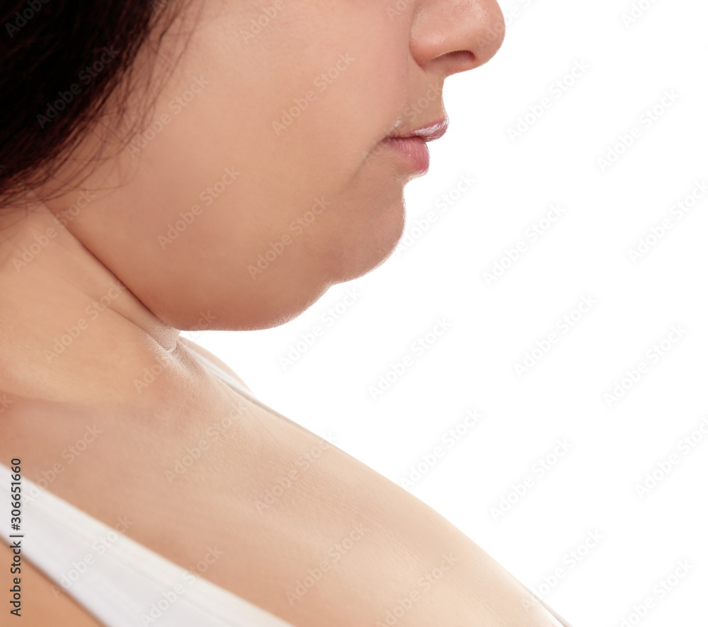 Woman with double chin on white background, closeup Woman with double chin on white background, closeup