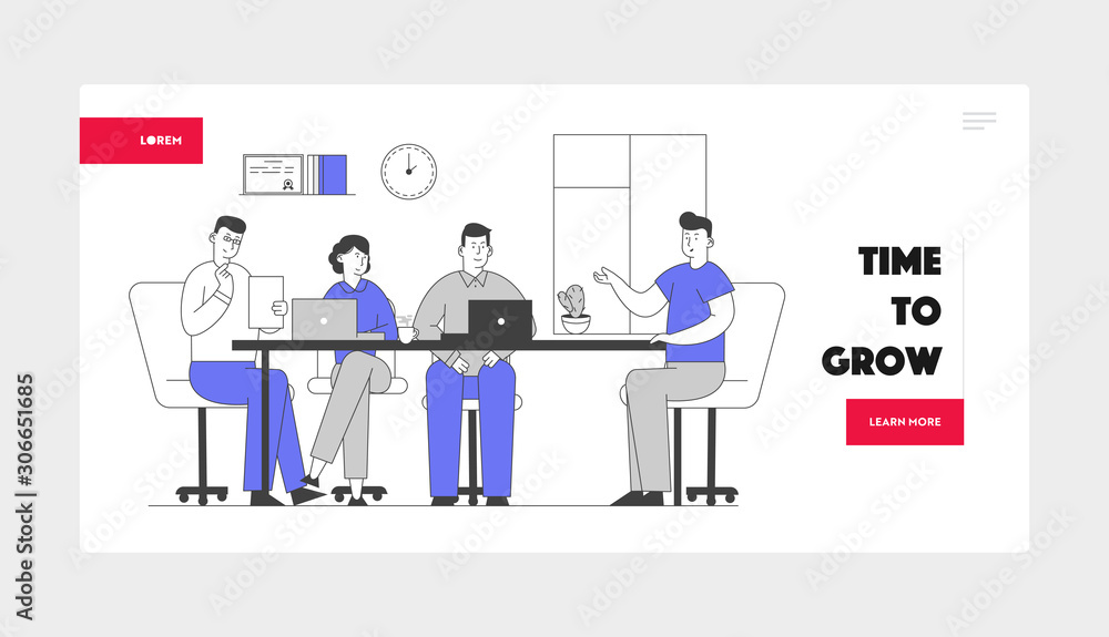 Job Interview with Selection Committee Website Landing Page. Manager Ask Question to Applicant About Work History Skill Expertise Experience Web Page Banner. Cartoon Flat Vector Illustration, Line Art