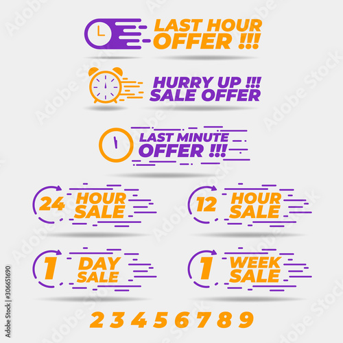 Icon Set Sale Countdown badges. Last hour offer, one day sales, 24 hour sale and numeric. business limited special promotions, best deal badge. Isolated vector stock 