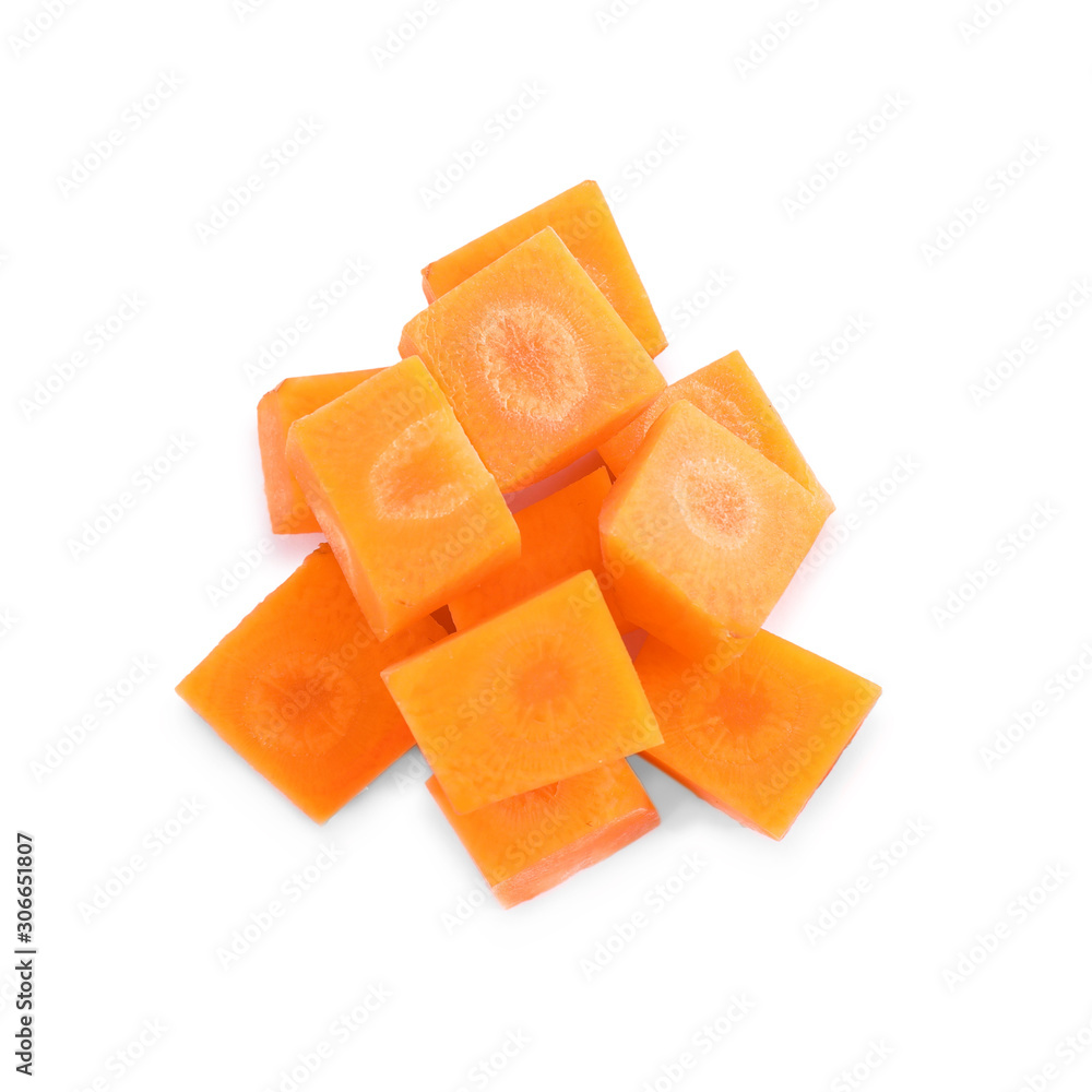 Pieces of fresh ripe carrot isolated on white, top view