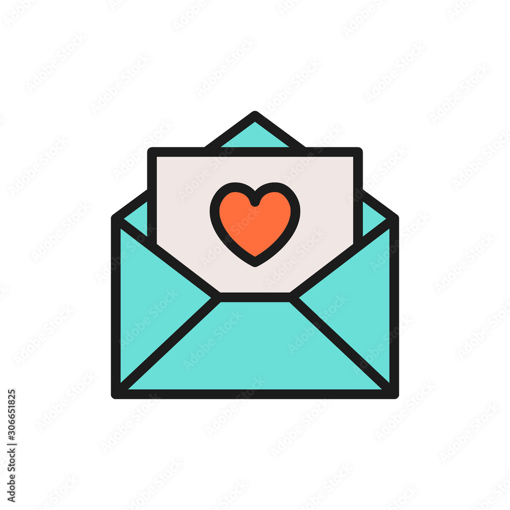 Love letter with heart, valentine day flat color icon. Love letter with heart, valentine day flat color icon.