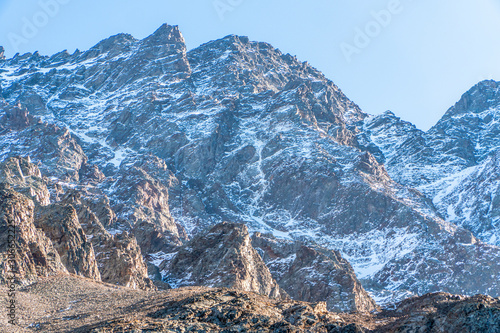 High snowy mountains and glacier in North Ossetia in the fall.