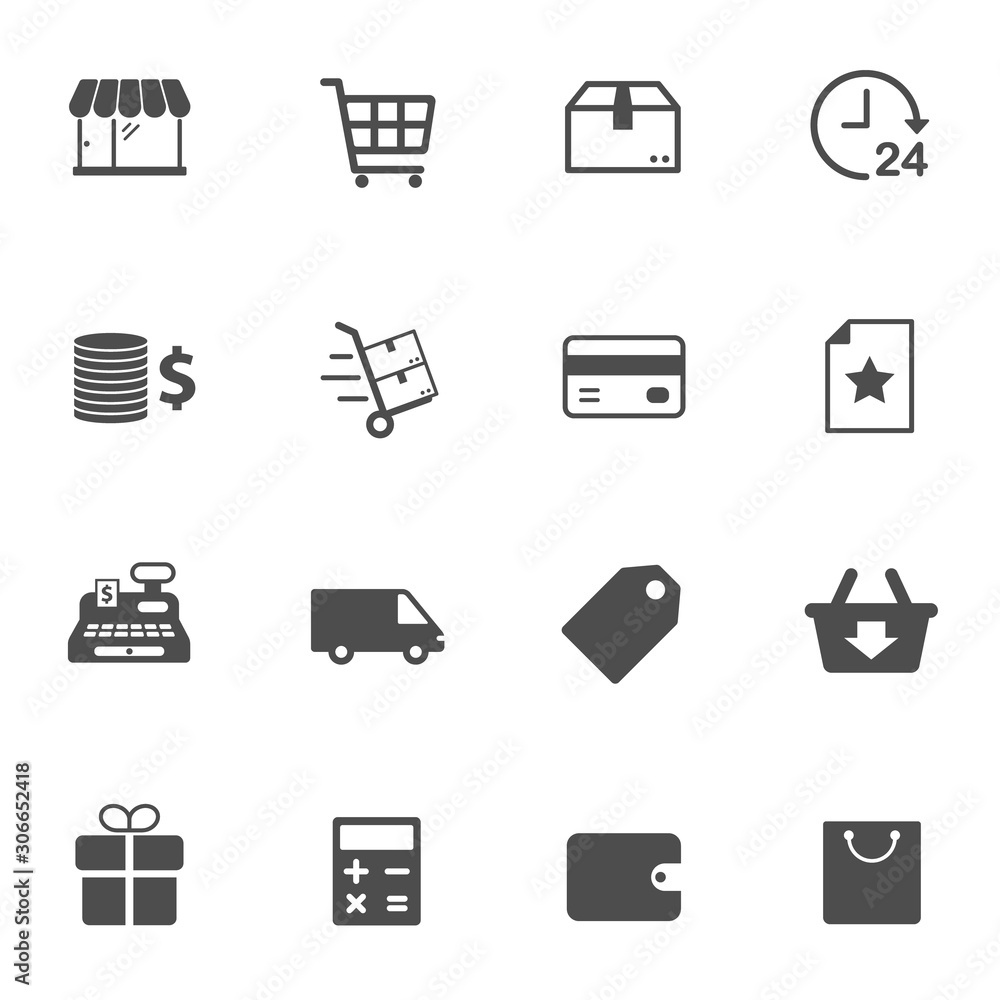 Shopping vector icons isolated on white background. Shopping commercial icon set for web, mobile apps, ui design and print products Shopping vector icons isolated on white background. Shopping commercial icon set for web, mobile apps, ui design and print products