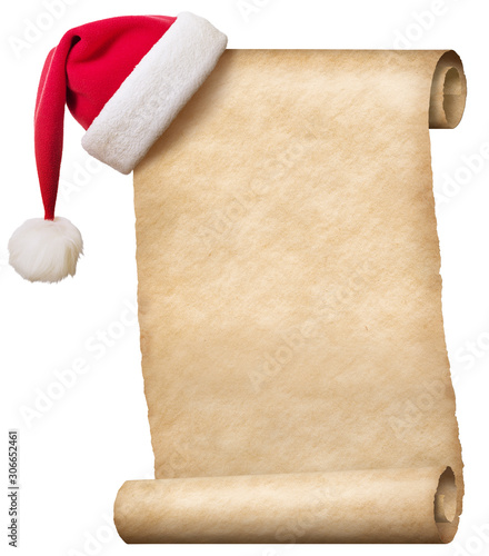 Paper scroll and christmas Santa's hat isolated on white