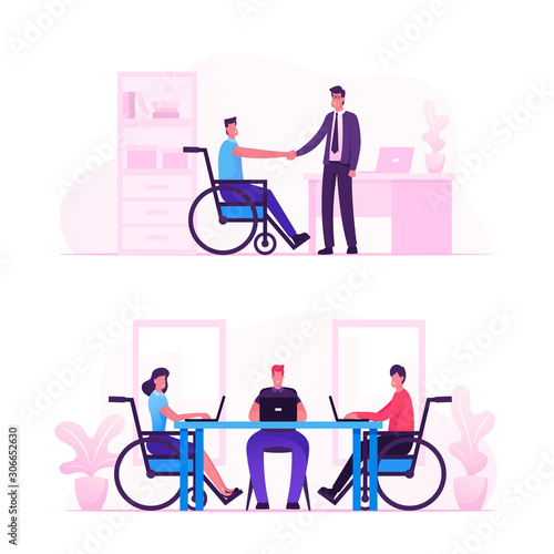 Disability Employment, Work for Disabled People, We Hire All People Concept. Handicapped Character on Wheelchair Adaptation in Office Workplace or Coworking Zone. Cartoon Flat Vector Illustration