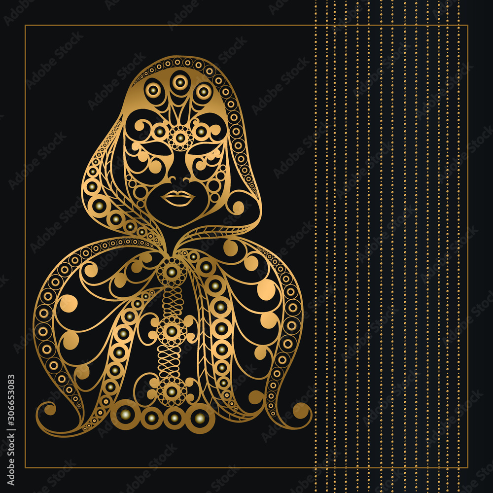 Graphic abstract decorative mask (symbol of the carnival in Venice). Suitable for invitation, flyer, sticker, poster, banner, card,label, cover, web. Vector illustration.