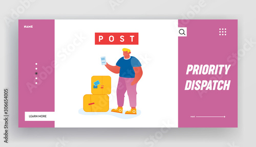 Customer Visiting Post Office Website Landing Page. Male Character Holding Recipe in Hand for Receiving or Sending Parcel Stand at Heap of Carton Boxes Web Page Banner Cartoon Flat Vector Illustration