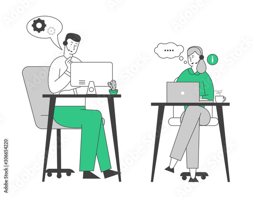 Smiling Friendly Male and Female Call Center Agents with Headset Working on Support Hotline in Office Helping Clients to Figure Out with their Problems. Cartoon Flat Vector Illustration, Line Art