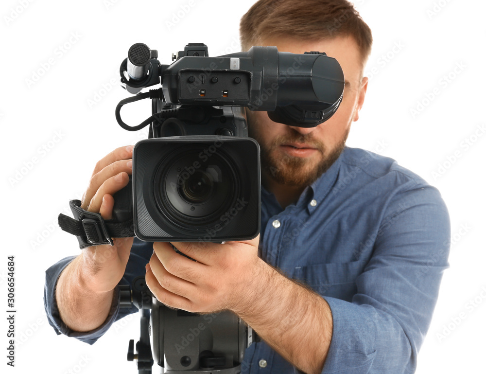 Operator with professional video camera on white background Operator with professional video camera on white background