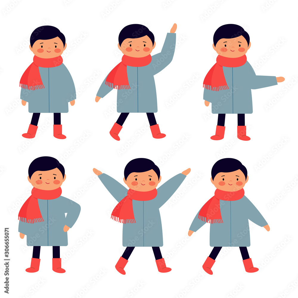 Cute cartoon character in different poses. The boy moves, stands, walks, waves his hands. Cute cartoon character in different poses. The boy moves, stands, walks, waves his hands.
