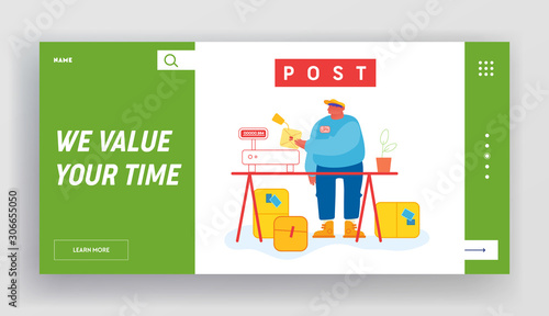 Post Office Website Landing Page. Worker in Warehouse Put Carton Parcel Box on Scales for Weigh. Storehouse and Storage Service. Goods Distribution Web Page Banner. Cartoon Flat Vector Illustration