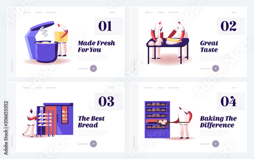 Bread Cooking on Factory Website Landing Page Set. Professional Bakers Prepare Dough, Kneading and Baking Buns and Mealy Production on Plant Workshop Web Page Banner. Cartoon Flat Vector Illustration