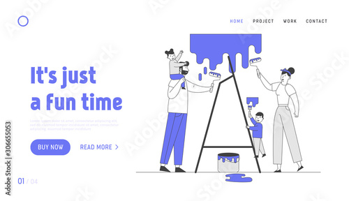 Happy Family with Kids Painting Wall Making Renovation Repair at Home Website Landing Page. Mother Father and Children Moving in New House Web Page Banner. Cartoon Flat Vector Illustration, Line Art