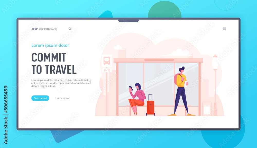 City Life, People on Public Transport Station Website Landing Page. Woman with Suitcase and Man with Backpack Stand on Bus Stop Waiting Commuter Web Page Banner. Cartoon Flat Vector Illustration City Life, People on Public Transport Station Website Landing Page. Woman with Suitcase and Man with Backpack Stand on Bus Stop Waiting Commuter Web Page Banner. Cartoon Flat Vector Illustration