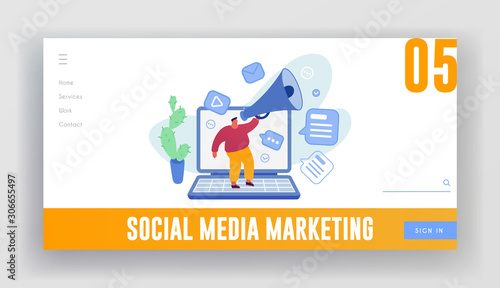 Social Media Marketing Website Landing Page. Man Stand on Huge Laptop Shouting in Megaphone. Promotion, Social Media Public Relations and Affairs Web Page Banner. Cartoon Flat Vector Illustration