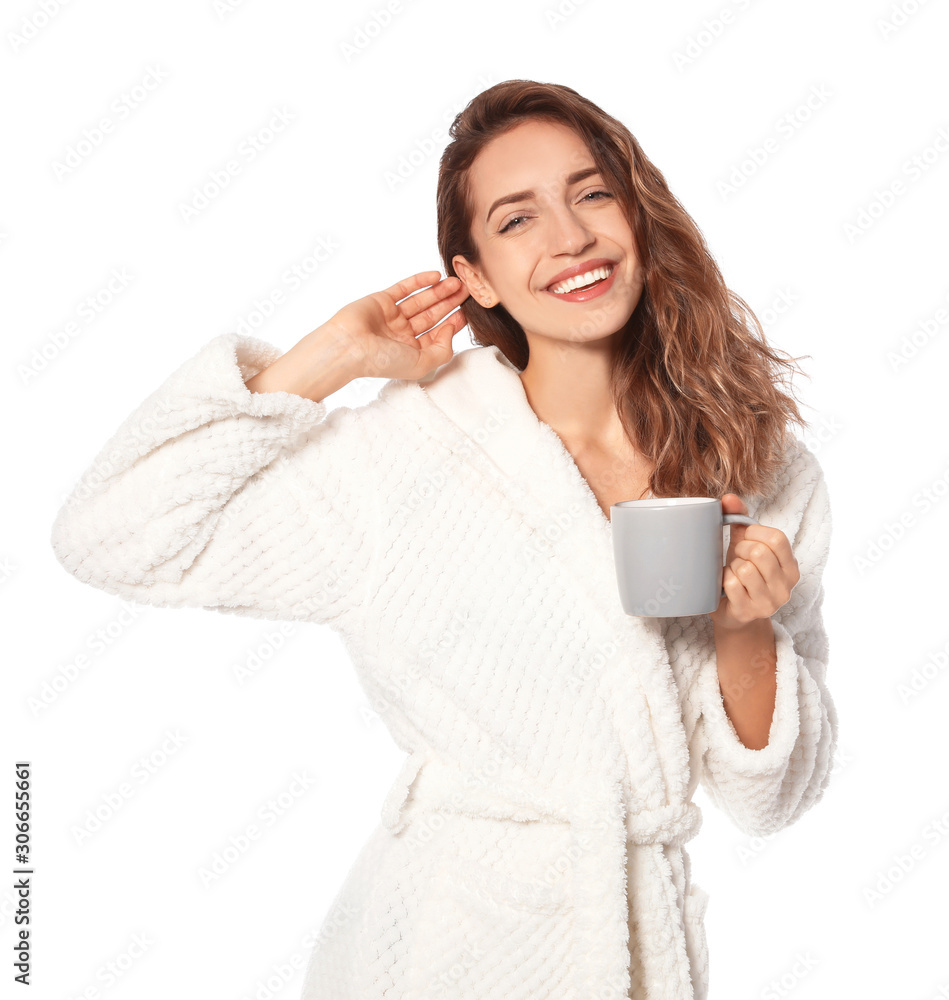 Beautiful woman with cup of coffee wearing bathrobe on white background Beautiful woman with cup of coffee wearing bathrobe on white background