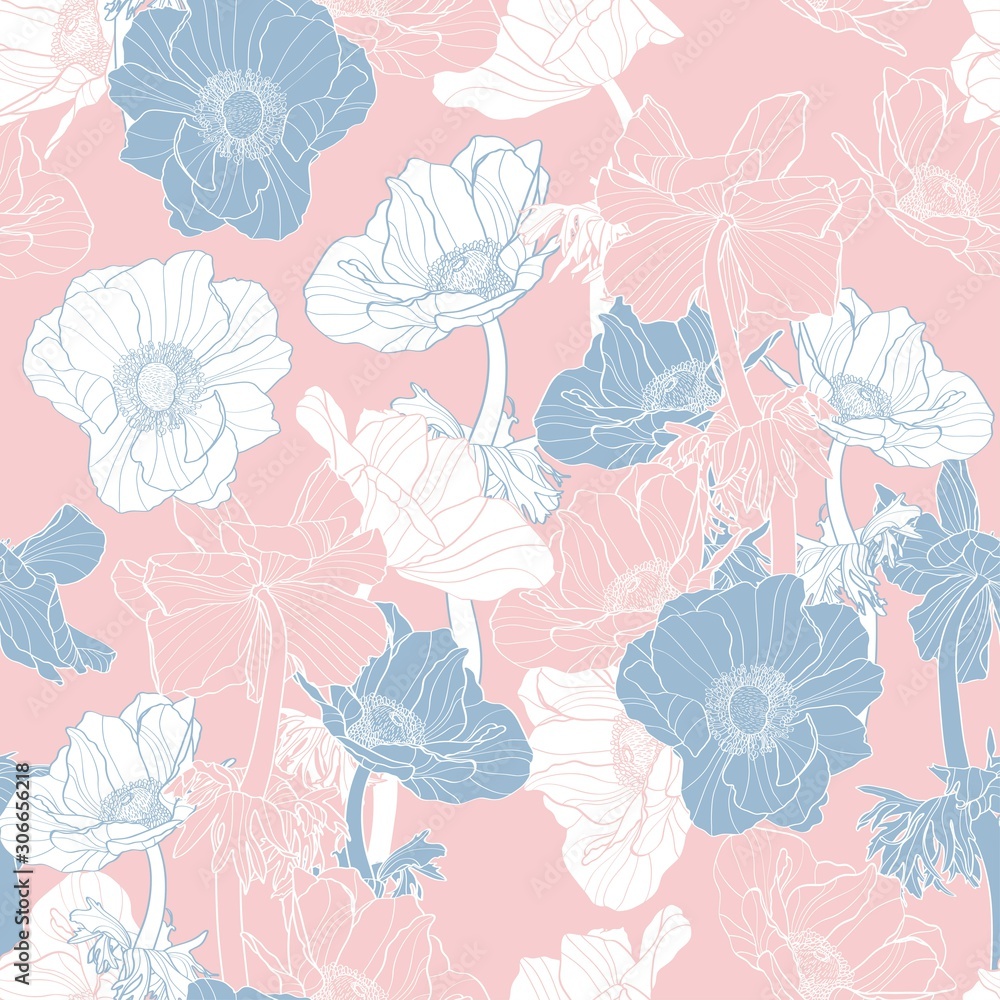 Elegant seamless pattern with hand drawn line Anemone flowers. Floral pattern for wedding invitations, greeting cards, scrapbooking, print, gift wrap, manufacturing. Blue and pink colors.