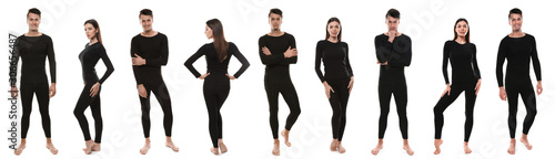 Collage of people wearing thermal underwear isolated on white