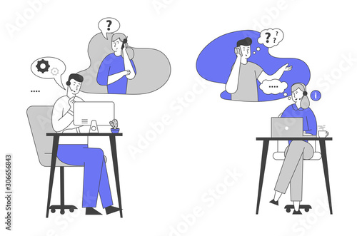 Hotline Service. Call Center Staff in Headset Chatting with Customers on Computer and Phone. Technical Support Specialist Solve Client Problems Online. Cartoon Flat Vector Illustration, Line Art