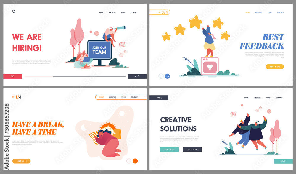 Head Hunting, Feedback Service, Creative Solution and Break Time Website Landing Page Set. Character Hiring Human Resources, Rating Stars, Girl Sleep Web Page Banner. Cartoon Flat Vector Illustration