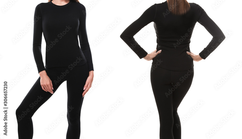 Collage of woman wearing thermal underwear isolated on white, closeup Collage of woman wearing thermal underwear isolated on white, closeup