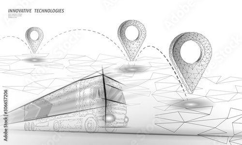 3D map point location business symbol. Realistic icon polygonal delivery worldwide truck car. Shipping online shopping direction city address position pin vector illustration