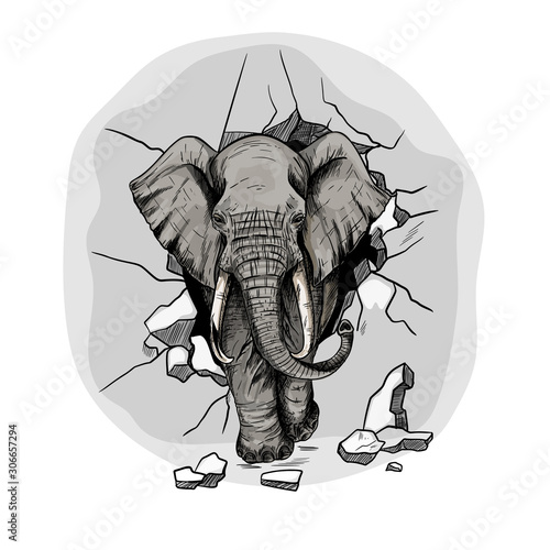 elephant, crushing the wall and walking through it