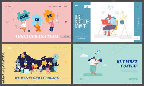 Teamwork Cooperation, Customer Support Service, Feedback, Coffee Time Website Landing Page Set. Characters Set Up Puzzle, Hotline Help, Rating Stars Web Page Banner. Cartoon Flat Vector Illustration © wooster