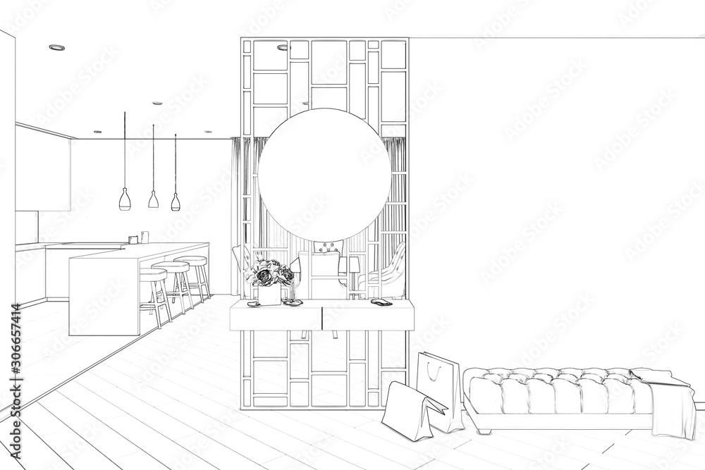 Sketch of thr modern entrance hall with a view of the kitchen and
