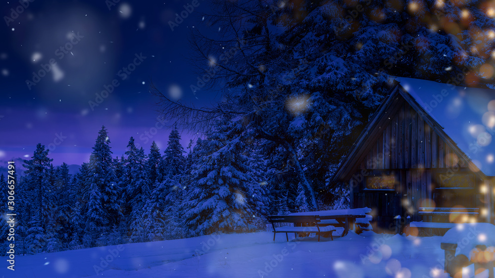 Weihnachtskarftenmotiv Hütte im Schnee mit vielen goldenen Lichtern, Stille Nacht, heilige Nacht