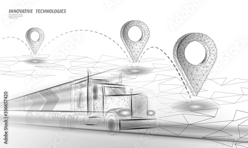 3D map point location business symbol. Realistic icon polygonal delivery worldwide truck car. Shipping online shopping direction city address position pin vector illustration