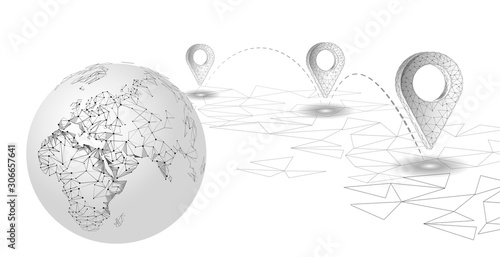 3D map point location business symbol. Realistic icon polygonal delivery worldwide planet. Shipping online shopping direction city address position pin vector illustration
