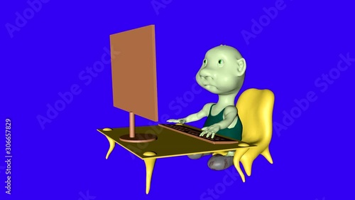 Elf working at the computer. 3D video. Cartoon. Chrome akey