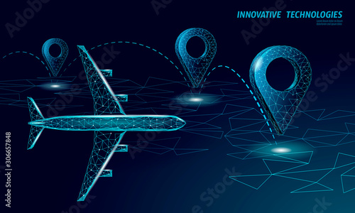 3D map point location airplane symbol. Realistic icon polygonal delivery worldwide planet. Shipping online shopping direction city address position pin vector illustration