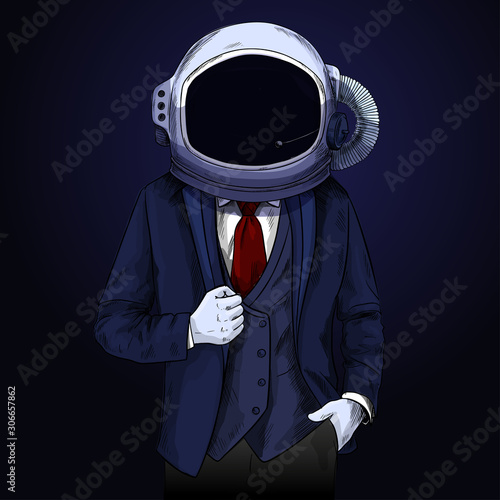 Elegant man in suite with space helmet on his head