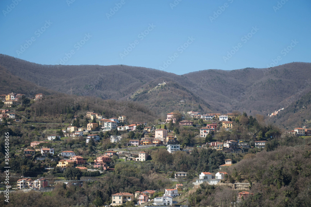 Mountain landscape. Houses of a village in the mountains in La Spezia, Liguria, Italy.