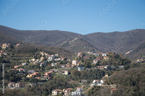 Mountain landscape. Houses of a village in the mountains in La Spezia, Liguria, Italy. © daisy_y