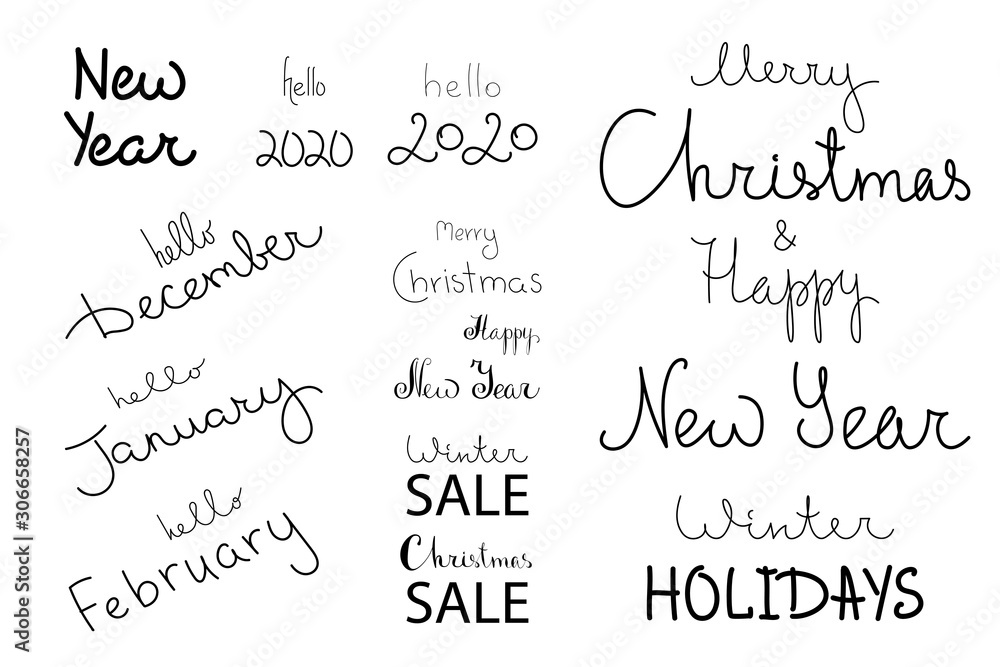 Hand set lettering winter months. New year, sale, weekend. 2020