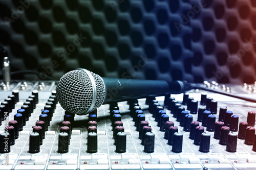 Professional condenser studio microphone, Musical Concept. recording, selective focus microphone in radio studio, selective focus microphone and blur musical equipment,