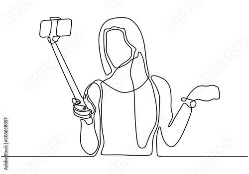 Continuous one line drawing of selfie girl vector. Woman or person taking a picture with her smartphone or mobile phone. Minimalist design minimalism style illustration isolated on white background.