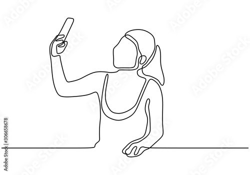 Continuous one line drawing of selfie girl vector. Woman or person taking a picture with her smartphone or mobile phone. Minimalist design minimalism style illustration isolated on white background.